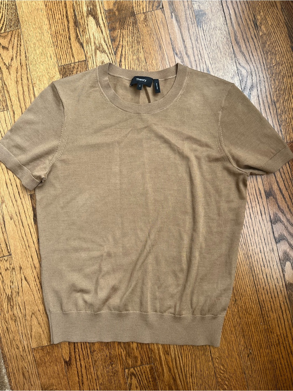 Unworn Theory Wool Regal Short Sleeved Sweater Sz S Dark Camel w FLAW